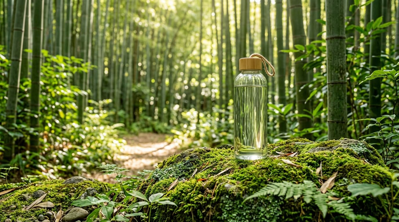 Borosilicate Glass Hydration Bottle in Sunlit Bamboo Forest