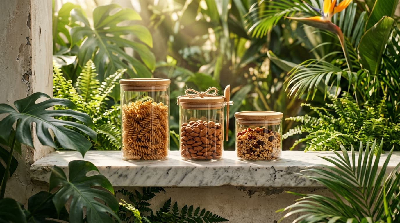 Airtight Glass Pantry Jars in Botanical Sunlit Garden