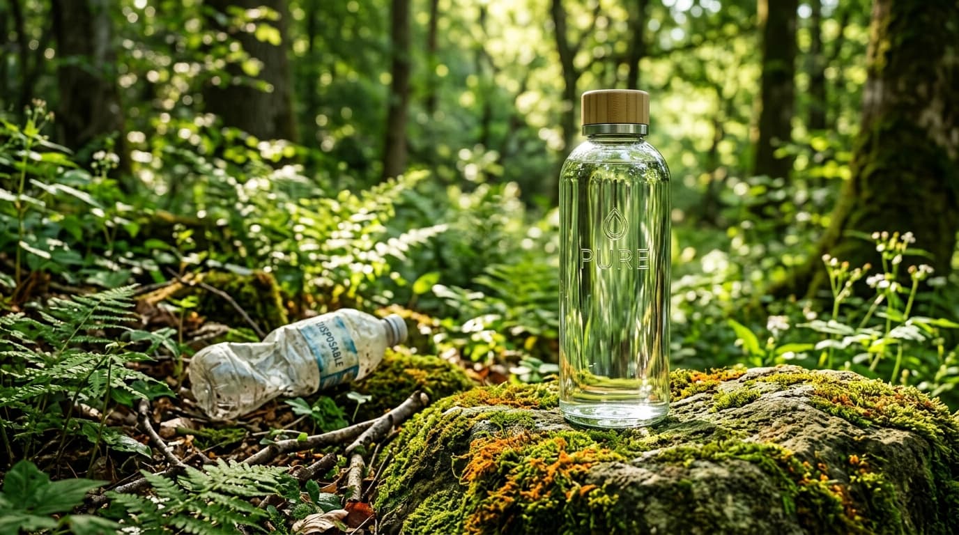 Pure Glass Water Bottle in Nature Forest (Glass Over Plastic)