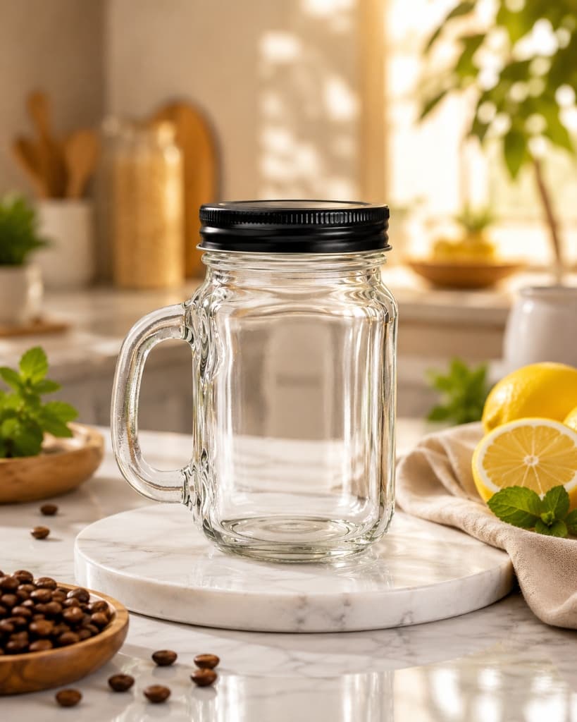 Glass Mason Jar Mug with Black Lid (450ml)