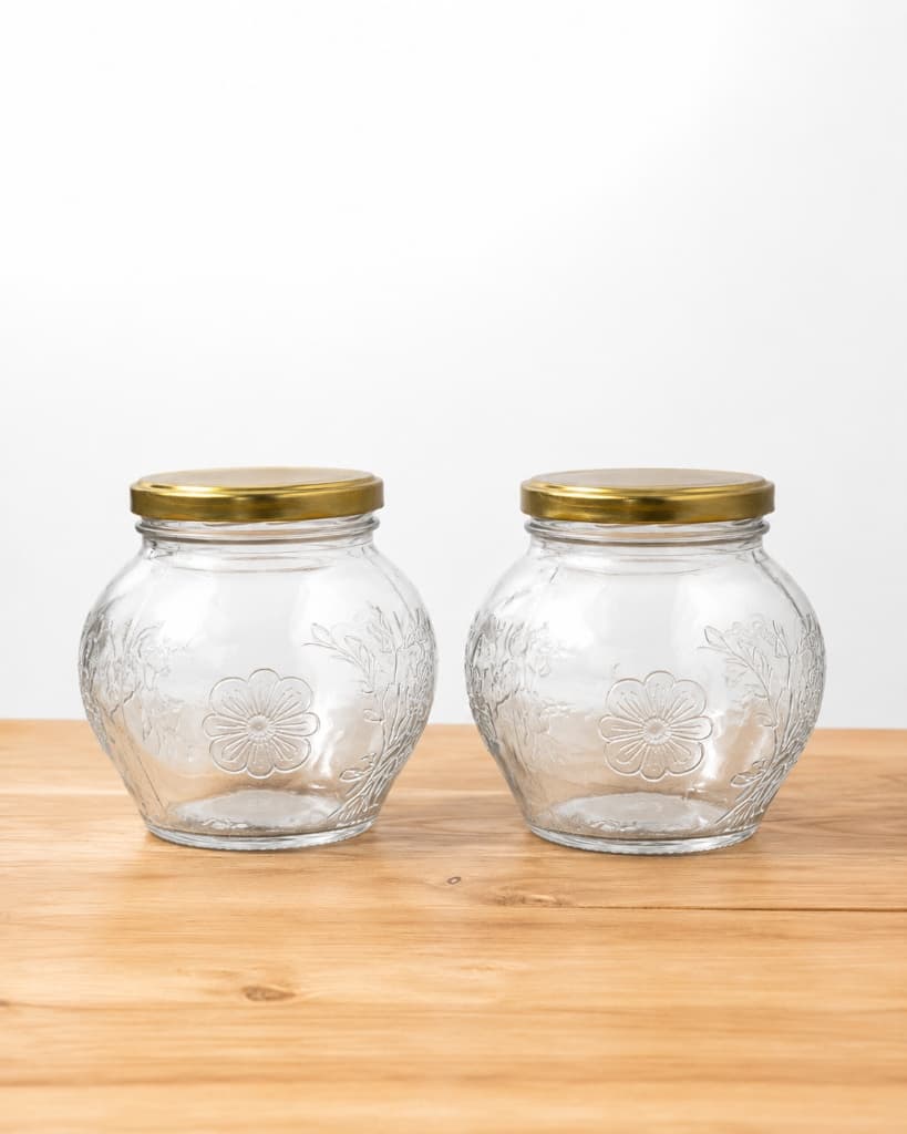 Floral Embossed Glass Matki Jars (350ml - Pack of 2)