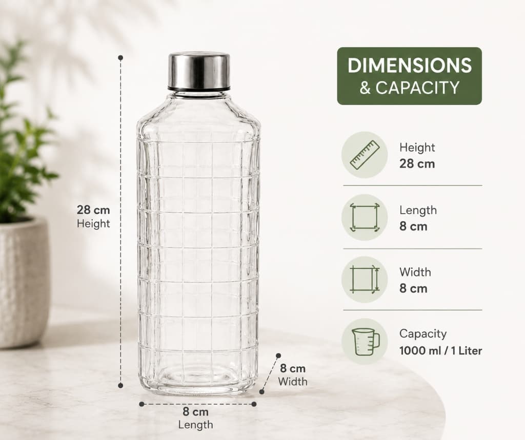1-Liter Square Check Glass Water Bottle
